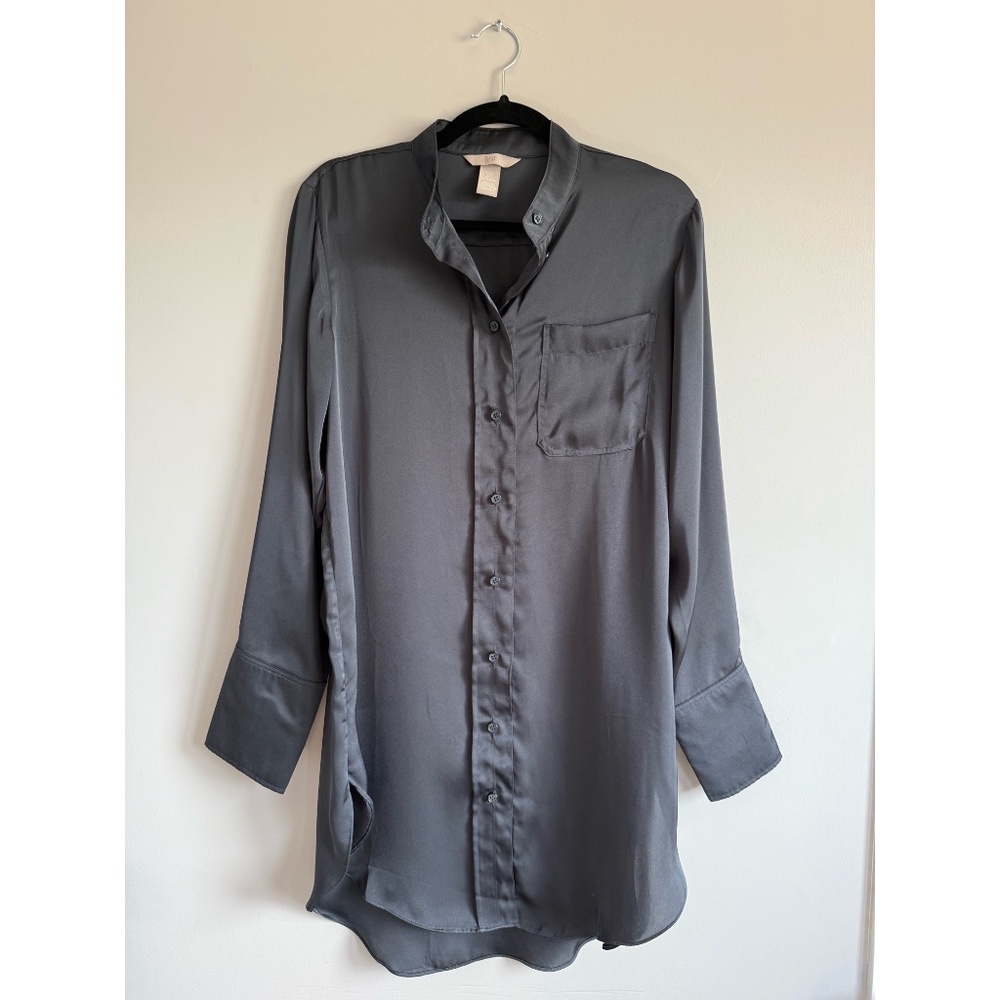 H&M Steel Grey/Blue Satin Button Down Long Shirt